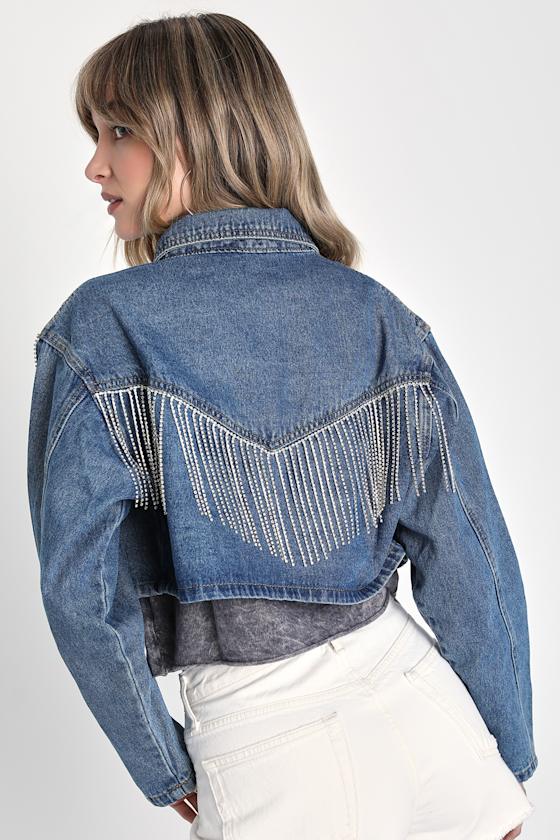 Bedazzled Beauty Dark Wash Rhinestone Cropped Denim Jacket 4