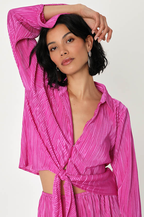 Casually Luxe Fuchsia Satin Plisse Tie-Front Top 1