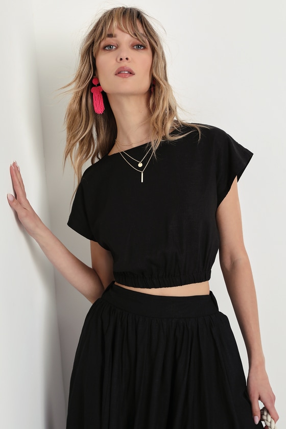 Black Two-Piece Dress - Linen Midi Dress - Short Sleeve Dress - Lulus