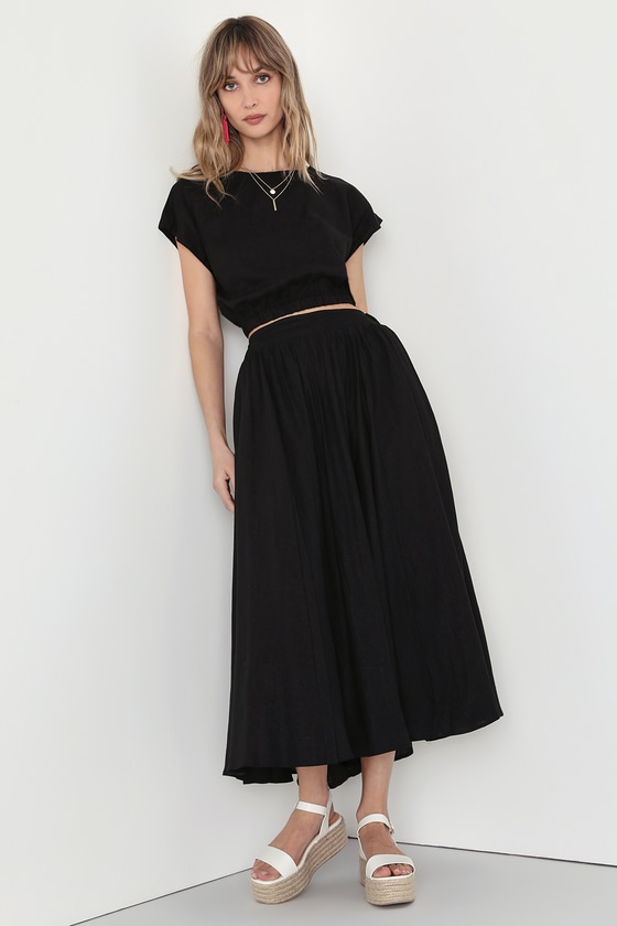 Black Two-Piece Dress - Linen Midi Dress - Short Sleeve Dress - Lulus