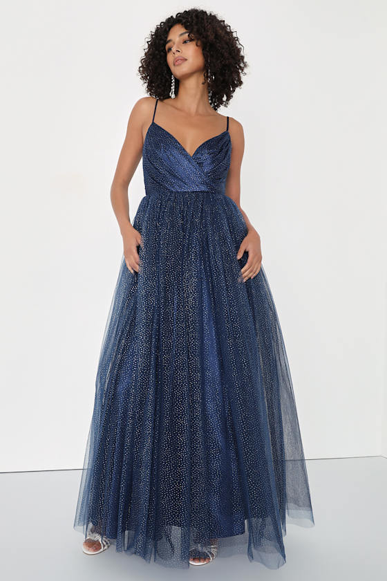 Spellbinding Beauty Navy Glitter Sleeveless Tulle Maxi Dress 1