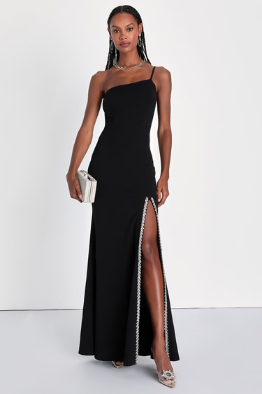 Absolutely Sensational Black Rhinestone One-Shoulder Maxi Dress