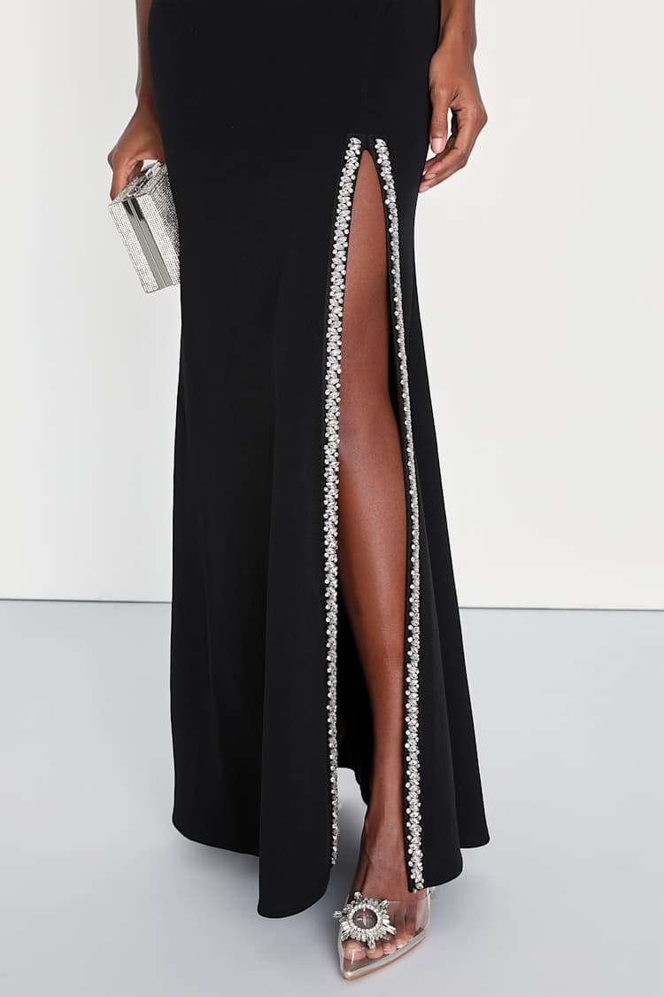 Absolutely Sensational Black Rhinestone One-Shoulder Maxi Dress