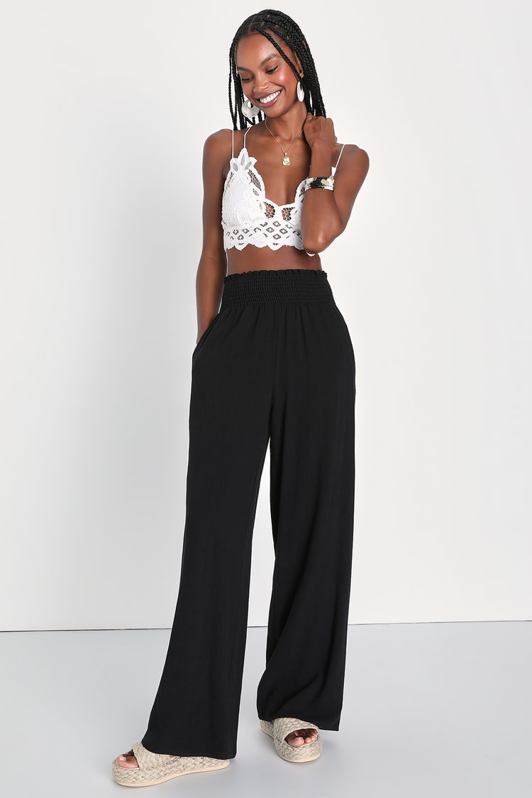 Hit the Breeze Black Smocked Wide-Leg Pants