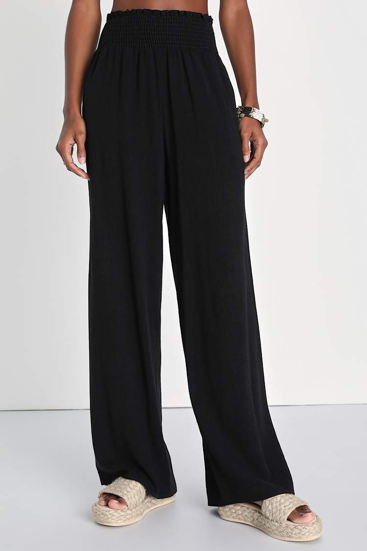 Hit the Breeze Black Smocked Wide-Leg Pants