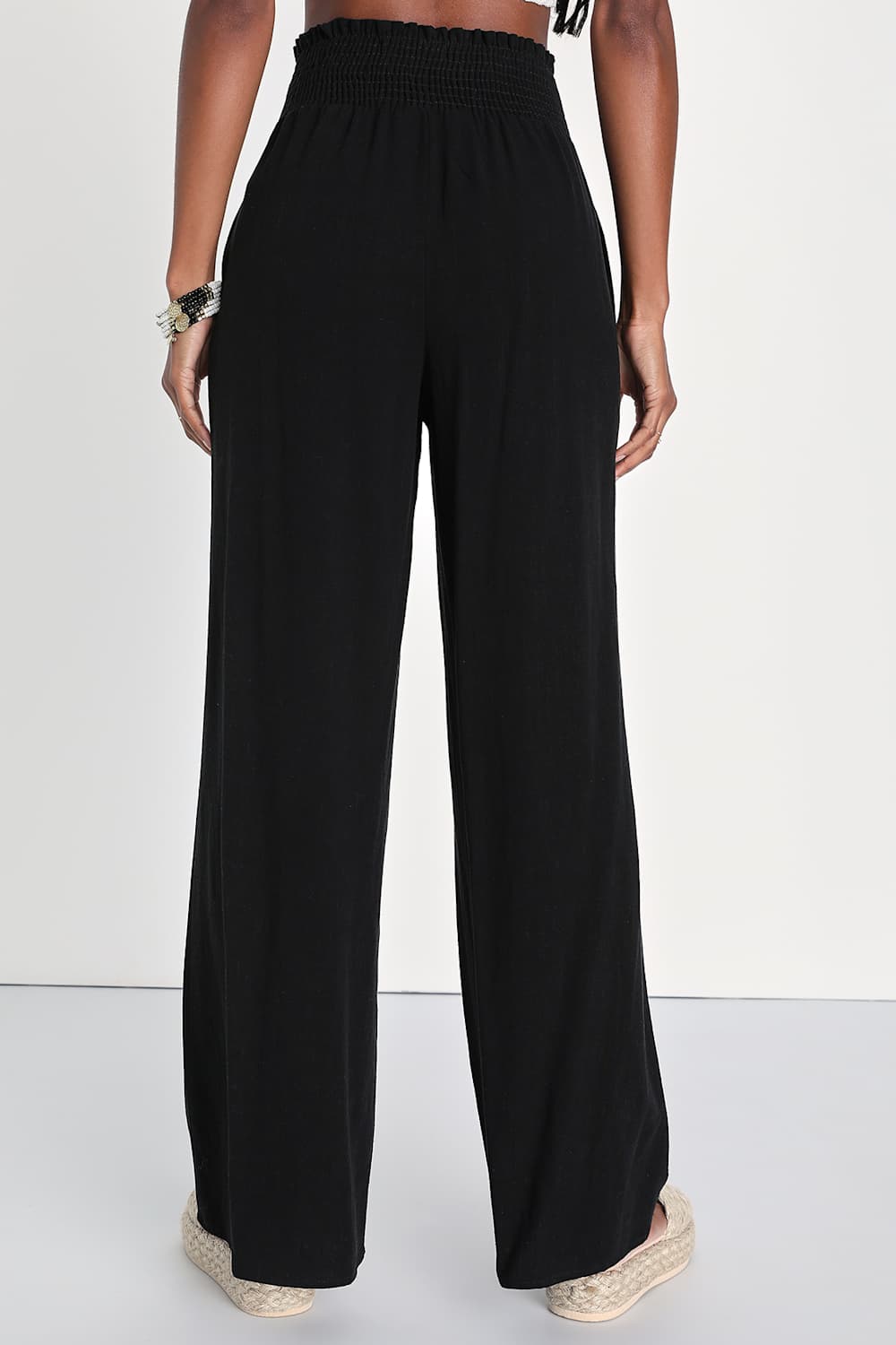 Hit the Breeze Black Smocked Wide-Leg Pants