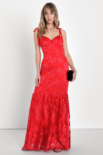 Dramatic Desires Red Embroidered Bustier Tie-Strap Maxi Dress