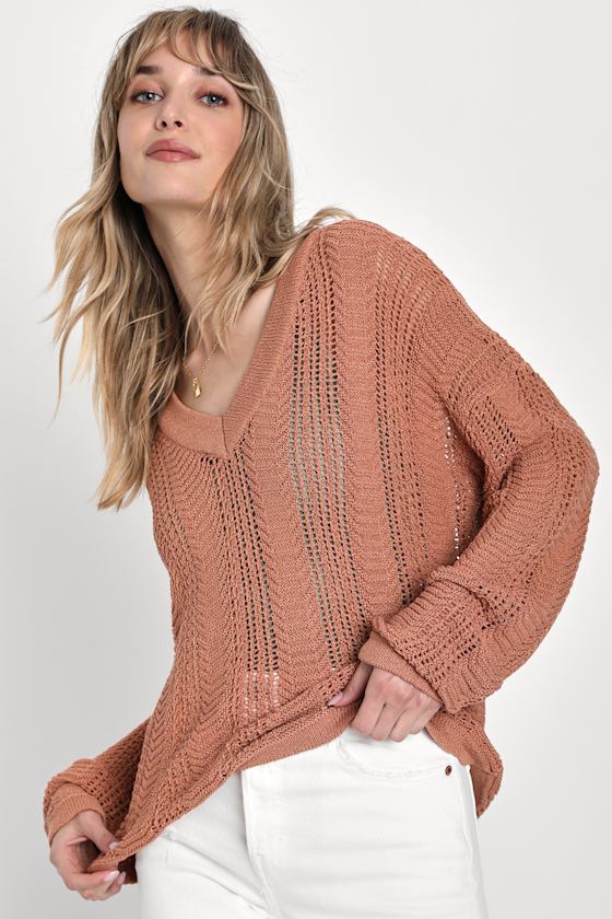 Light Brown Sweater Open Stitch Sweater VNeck Sweater Lulus