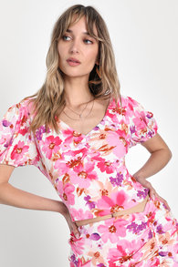 Flourishing Favorite Ivory and Pink Floral Puff Sleeve Crop Top