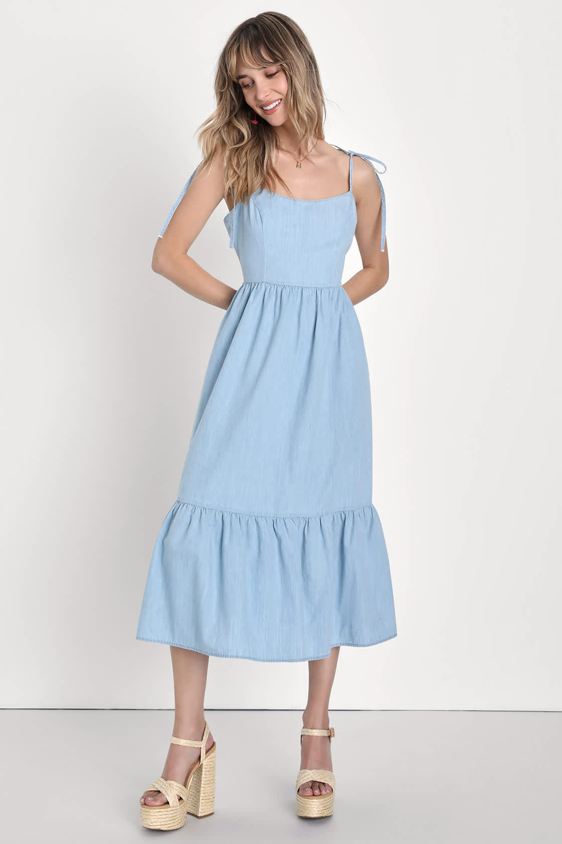 Light Wash Midi Dress Chambray TieStrap Dress Cute Dress Lulus