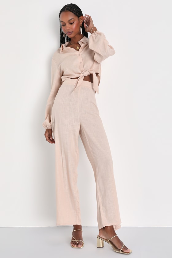 Beige High-Waisted Pants - Pull-On Trousers - Wide-Leg Pants - Lulus