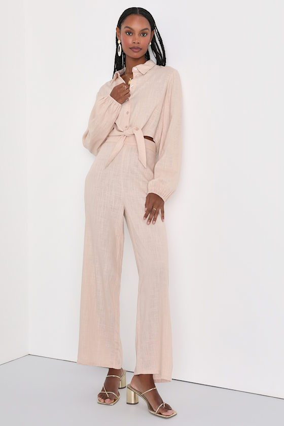 Beige Long Sleeve Top ButtonFront Top TieFront Top Lulus