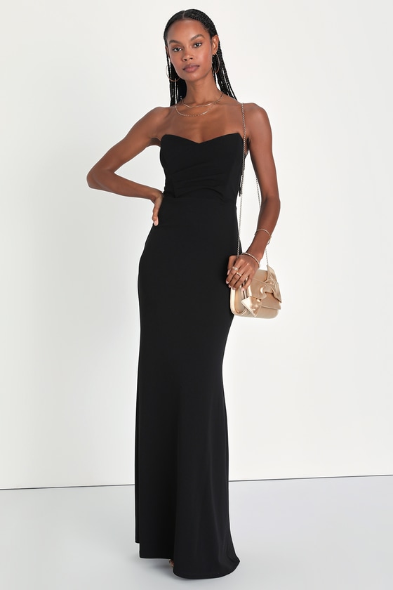 Lulus Iconic Arrival Black Strapless Bustier Mermaid Maxi Dress
