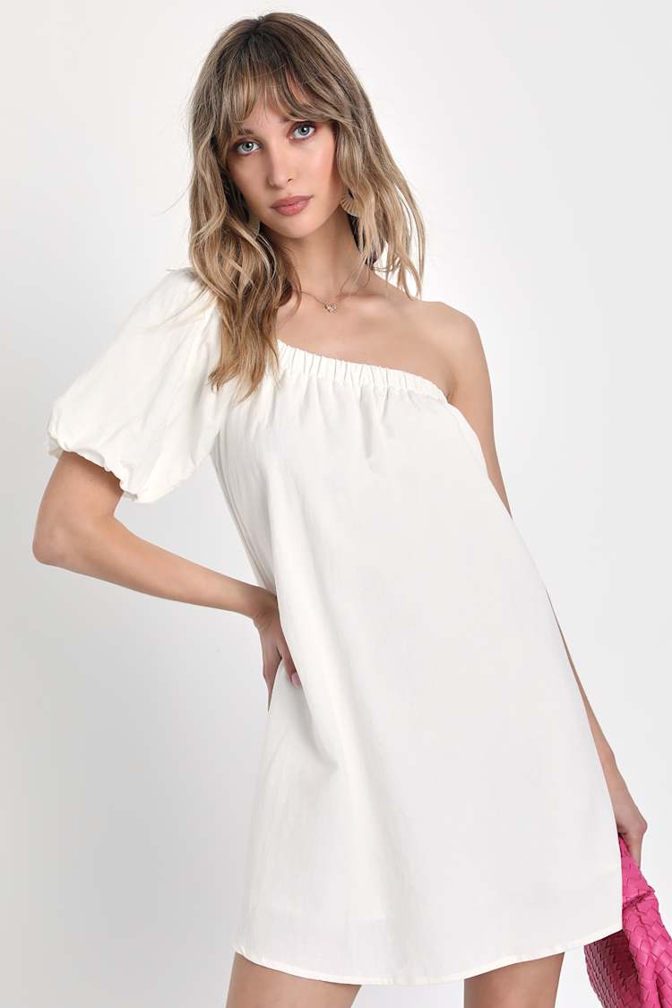 White Shift Dress - One-Shoulder Mini Dress - Puff Sleeve Dress - Lulus