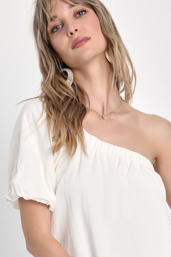 White Shift Dress - One-Shoulder Mini Dress - Puff Sleeve