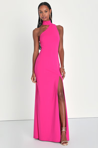 Keep It Interesting Hot Pink Asymmetrical Halter Maxi Dress