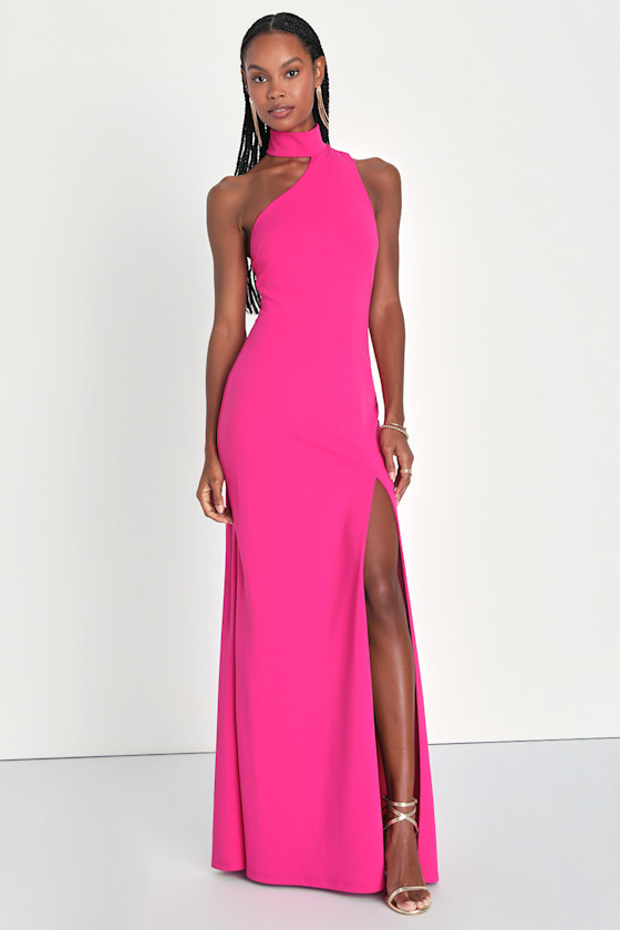 Keep It Interesting Hot Pink Asymmetrical Halter Maxi Dress 1