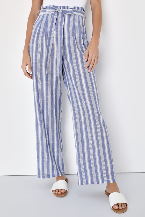 Sunny Wanderings Blue and White Striped Paper Bag Wide-Leg Pants 1