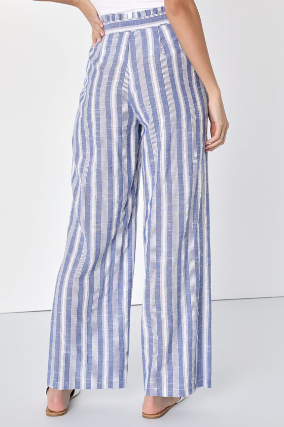 Blue and White Striped Pants - Paper Bag Pants - Wide-Leg
