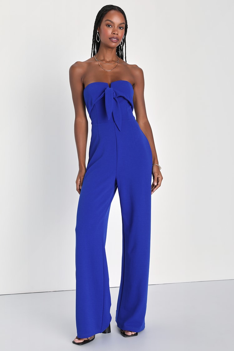 Ready to Impress Cobalt Blue Strapless Tie-Front Jumpsuit