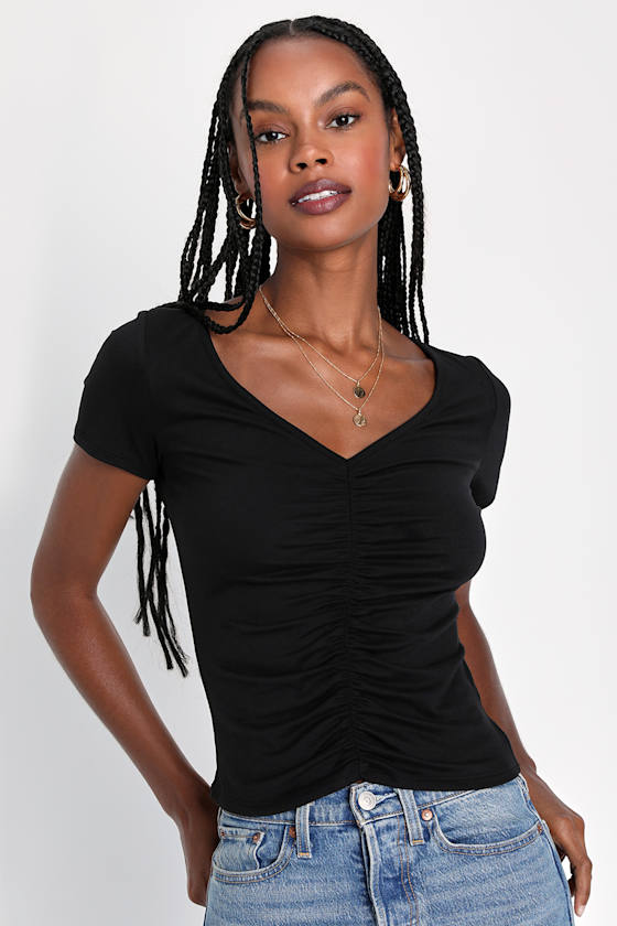 Cute Black Top Ruched Top Short Sleeve Top Women's Top Lulus