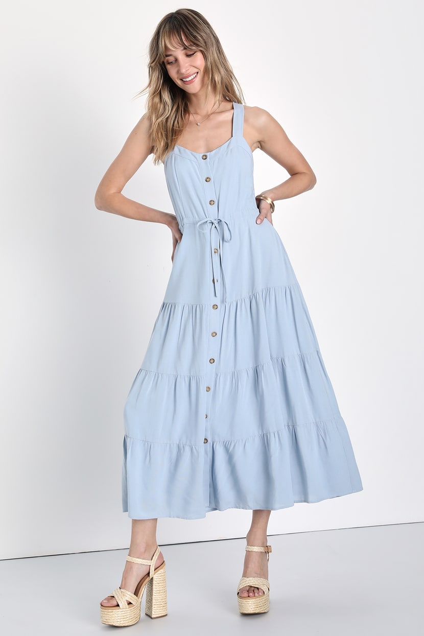 Light Blue Midi Dress - Button-Front Dress - Tiered Midi Dress - Lulus