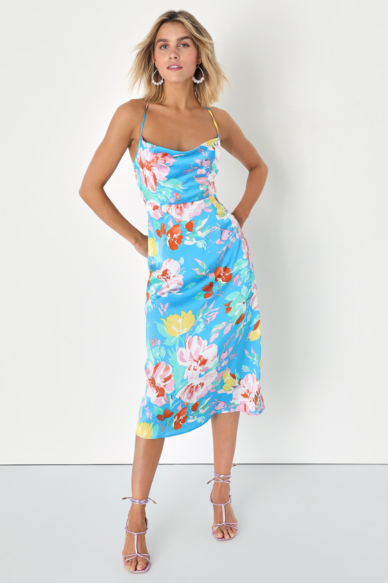 Blue Floral Satin Dress - Cowl Neck Dress - Backless Midi Dress - Lulus