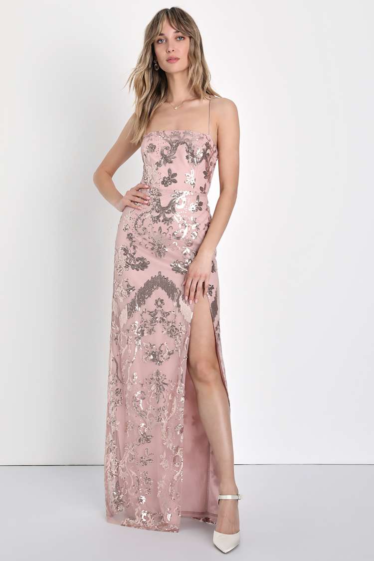 Captivating Stunner Dusty Rose Sequin Lace-Up Maxi Dress