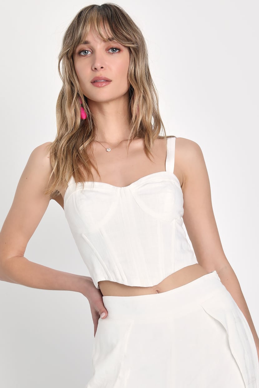 Romantic Nostalgia White Linen Bustier Sleeveless Crop Top