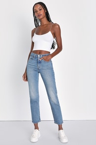 Wedgie Straight Fade Medium Wash High-Rise Cropped Jeans