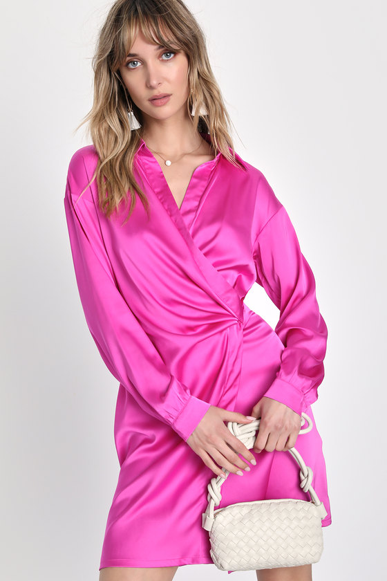 Sexy Pink Dress - Satin Mini Dress - Long Sleeve Shirt Dress - Lulus
