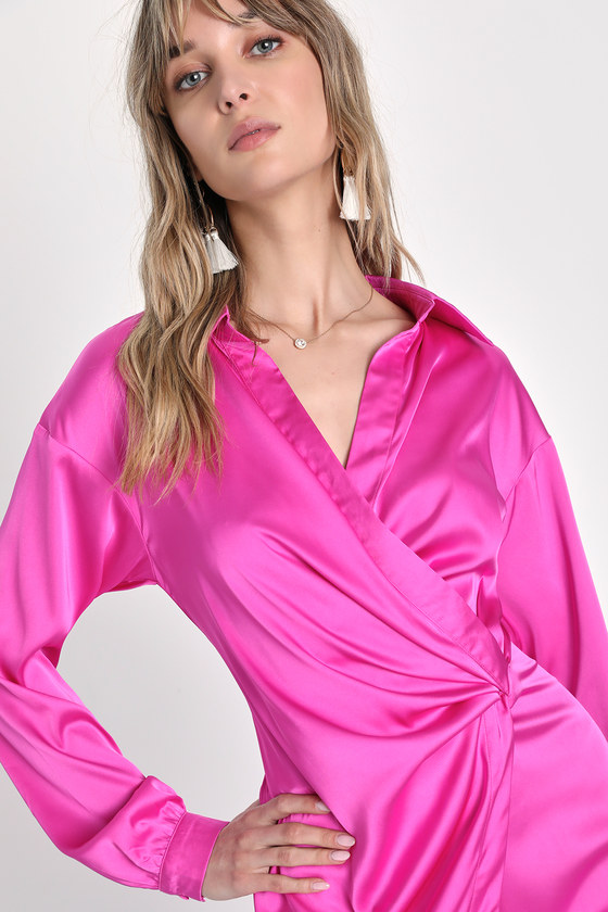 Pink silk shirt dress deals