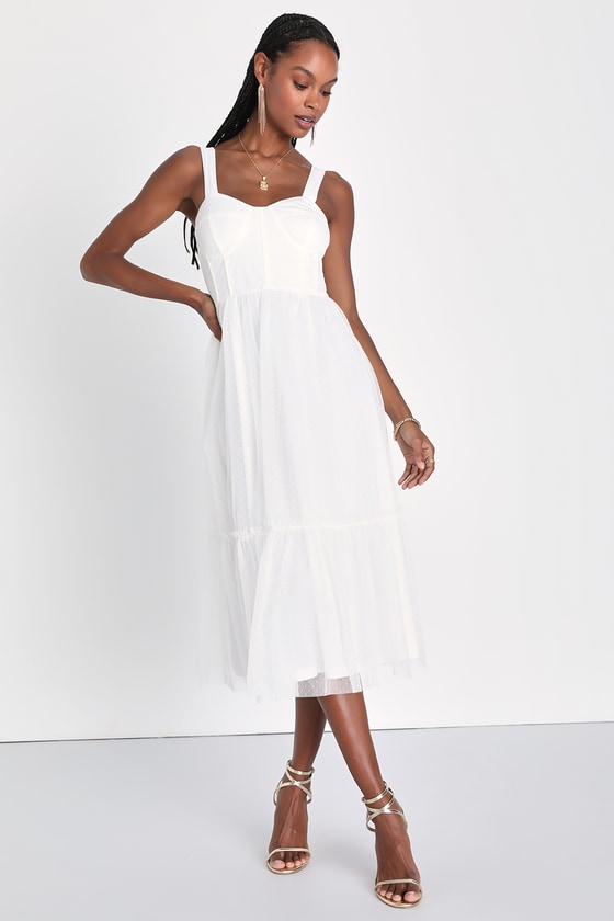 Lulus Feeling Gorgeous White Swiss Dot Tulle Bustier Midi Dress