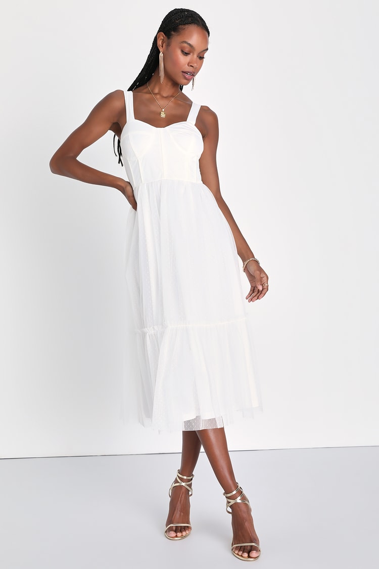 White Swiss Dot Dress - Tulle Bustier Midi Dress - Bustier Dress - Lulus