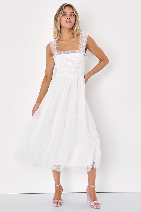 Lulus Darling Dancer White Swiss Dot Ruffled Tiered Midi Dress