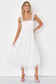 Darling Dancer White Swiss Dot Ruffled Tiered Midi Dress