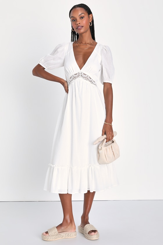 Lulus Sweetest Sunshine White Lace Puff Sleeve Backless Midi Dress