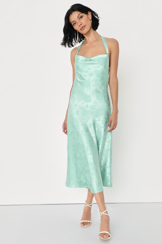 Light Sage Satin Dress - Jacquard Halter Dress - Slip Midi Dress - Lulus