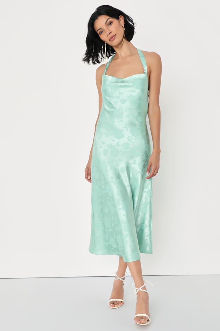 Light Sage Satin Dress - Jacquard Halter Dress - Slip Midi Dress - Lulus