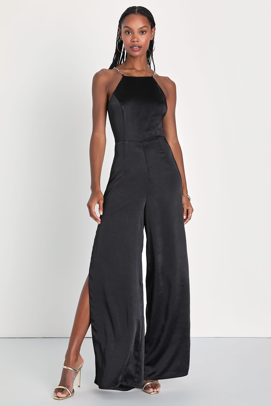 Glamorous Perfection Black Satin Chain Strap Backless Jumpsuit