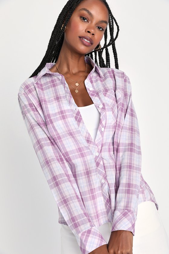 Lulus Cutest Vibe Purple Plaid Long Sleeve Button-up Top