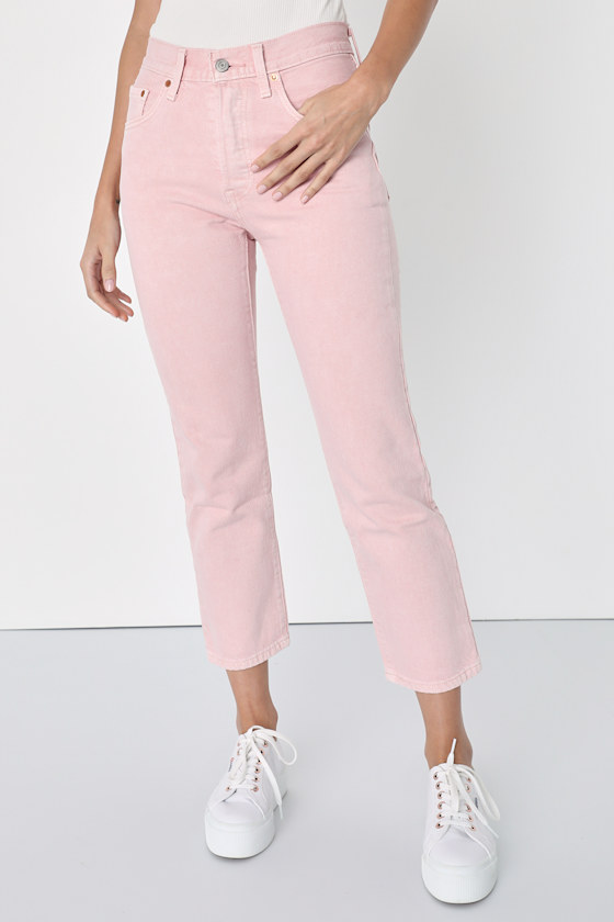 501 Crop Light Pink Denim High Rise Straight Leg Jeans 4