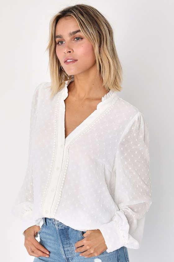 Lulus Delightful Charm White Swiss Dot Button-up Long Sleeve Top