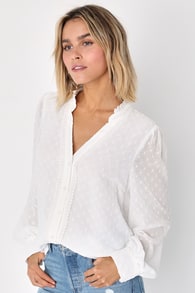 Delightful Charm White Swiss Dot Button-Up Long Sleeve Top
