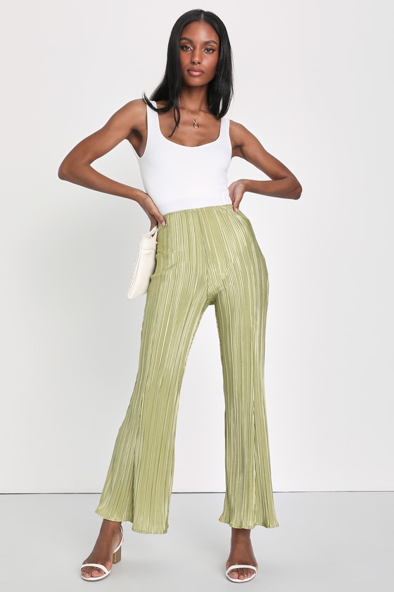 Green Pants - Satin Plisse Pants - High-Waisted Pants - Lulus