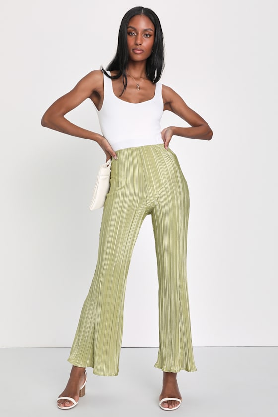 Green Pants Satin Plisse Pants HighWaisted Pants Lulus