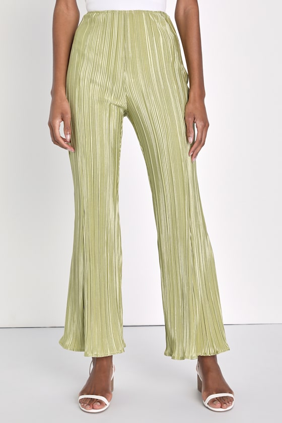 Pretty Flair Lime Green Pleated High-Waisted Flare Pants 2