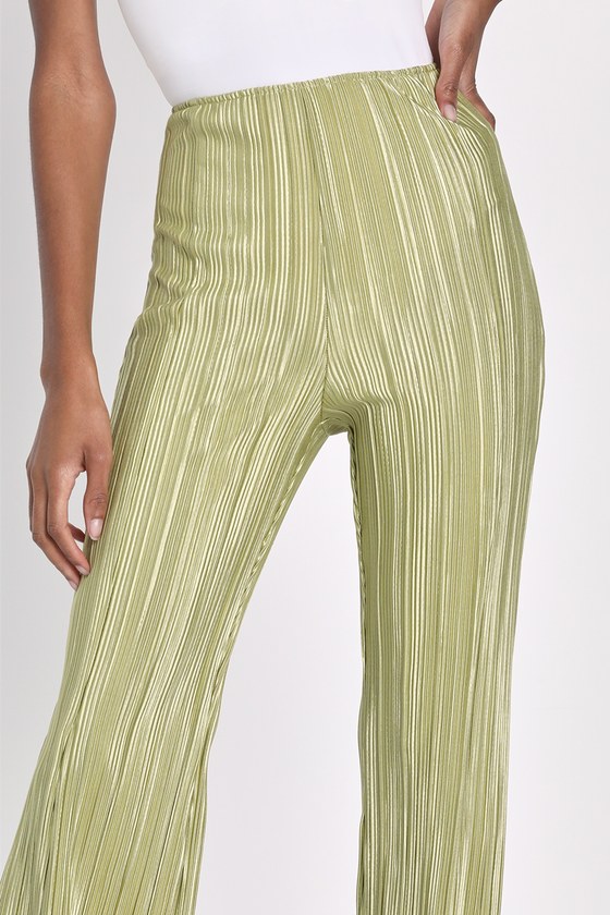 Green Pants - Satin Plisse Pants - High-Waisted Pants - Lulus