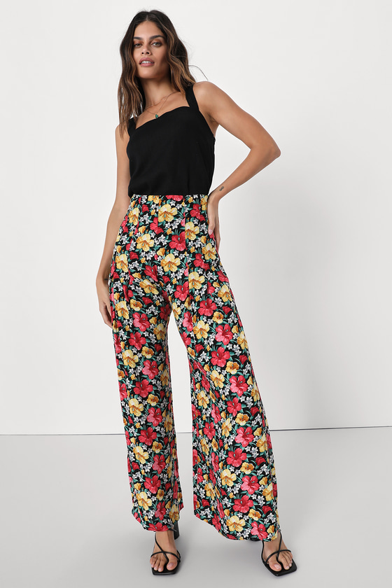 Lulus Feeling Vibrant Black Multi Floral Print Wide Leg Pants