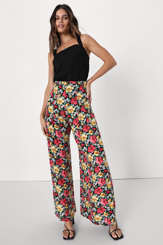 Black Multi Floral Pants - Wide Leg Pants - Casual Floral